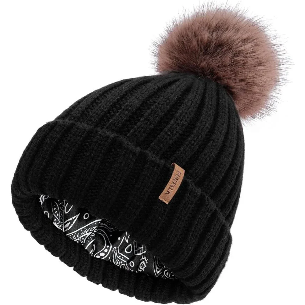Women's Black Winter Beanie Hat Satin Lined Faux Fur Pom Pom Beanies Hat